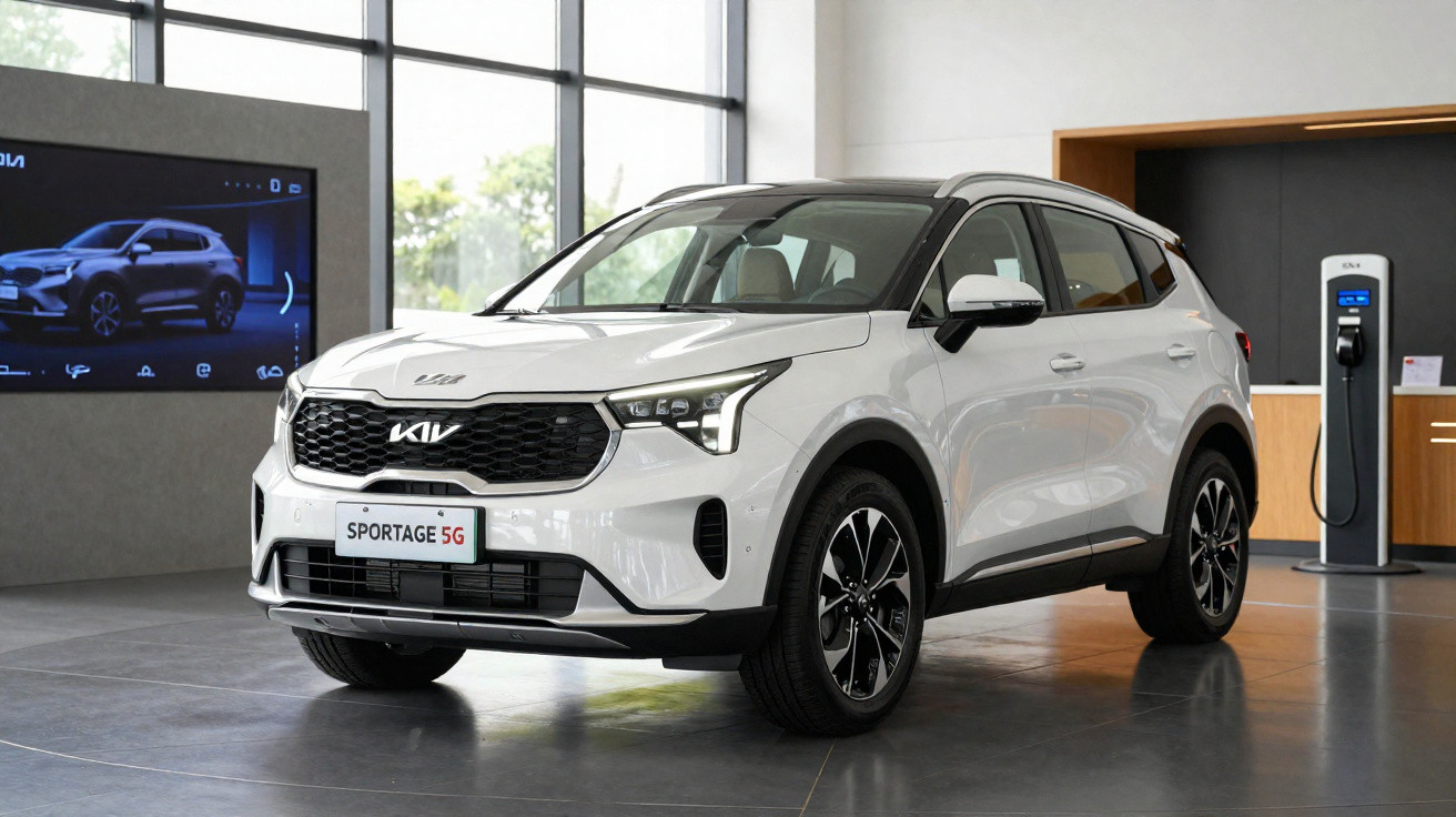 SUV branco Kia Sportage 5G em exposição dentro de showroom moderno com carregador elétrico ao fundo.