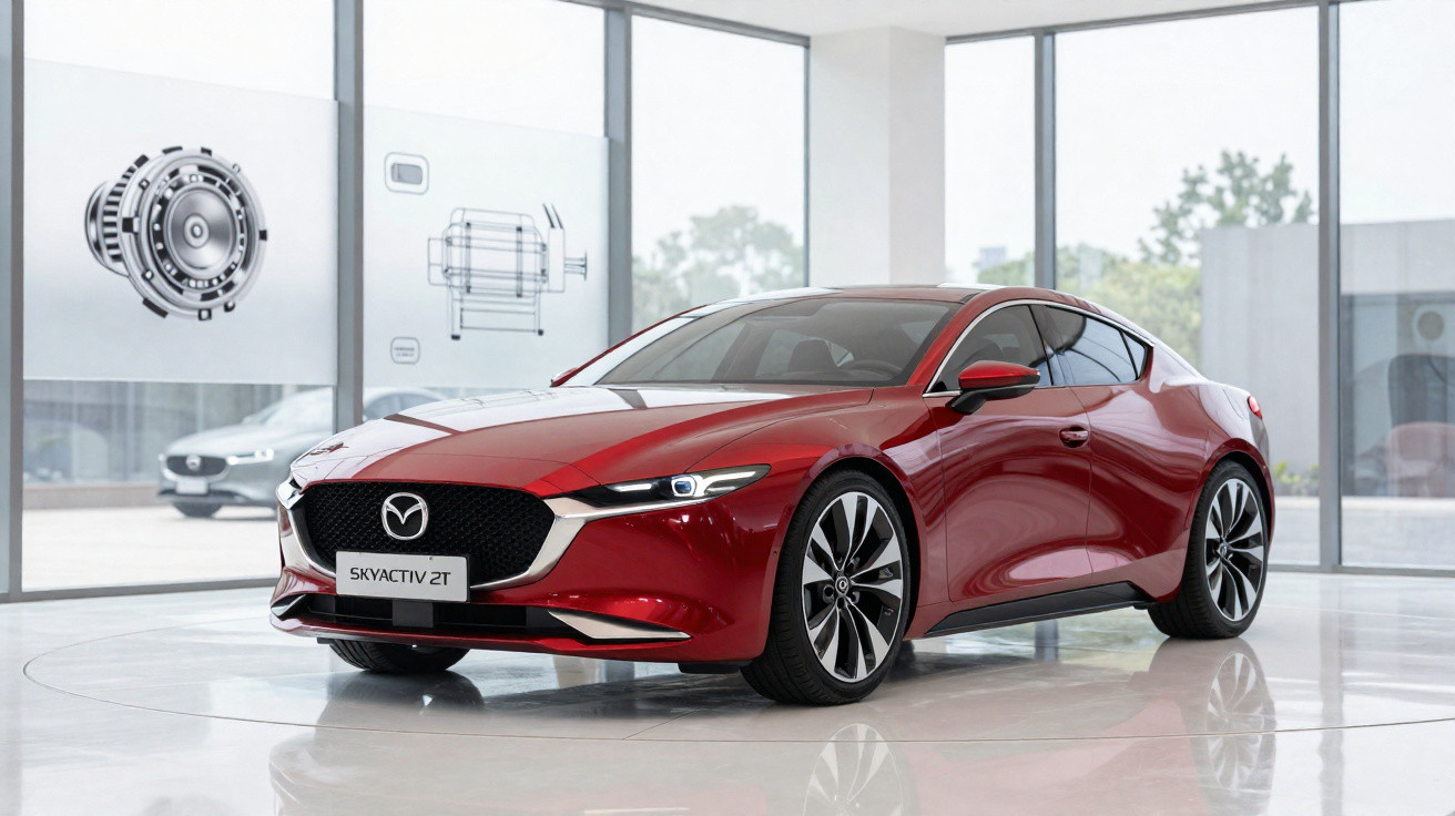 Carro esportivo Mazda vermelho modelo Skyactiv 2T em showroom com piso branco e janelas amplas.