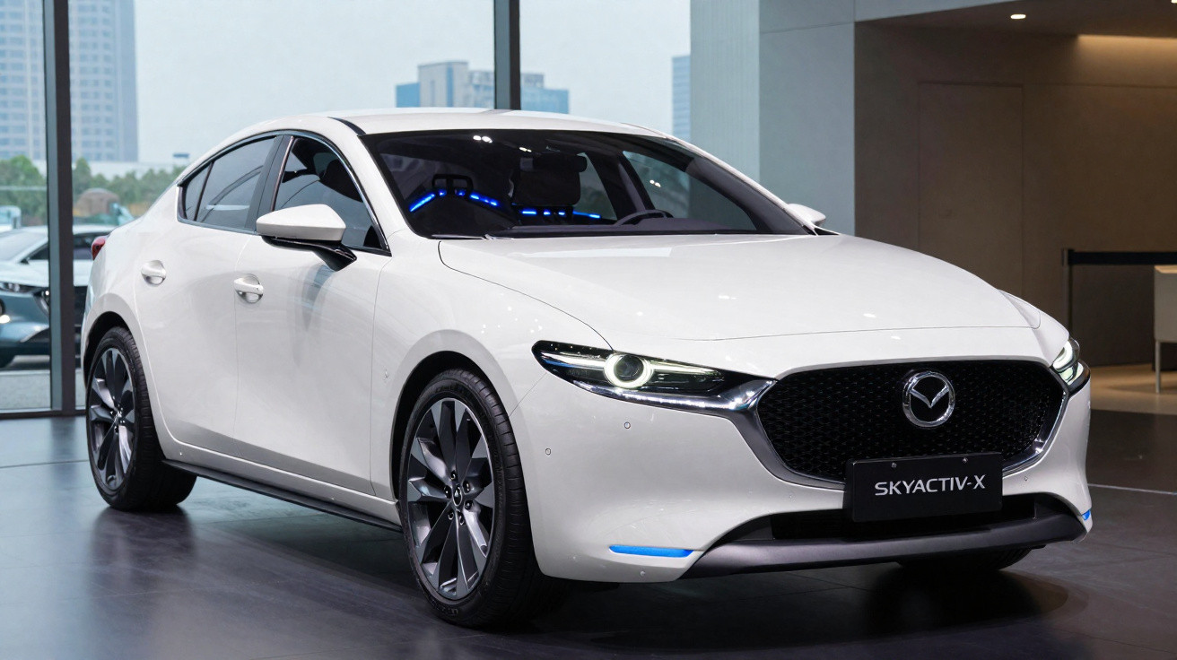 Carro branco Mazda Skyactiv-X com design moderno estacionado em ambiente interno com vidros grandes ao fundo.