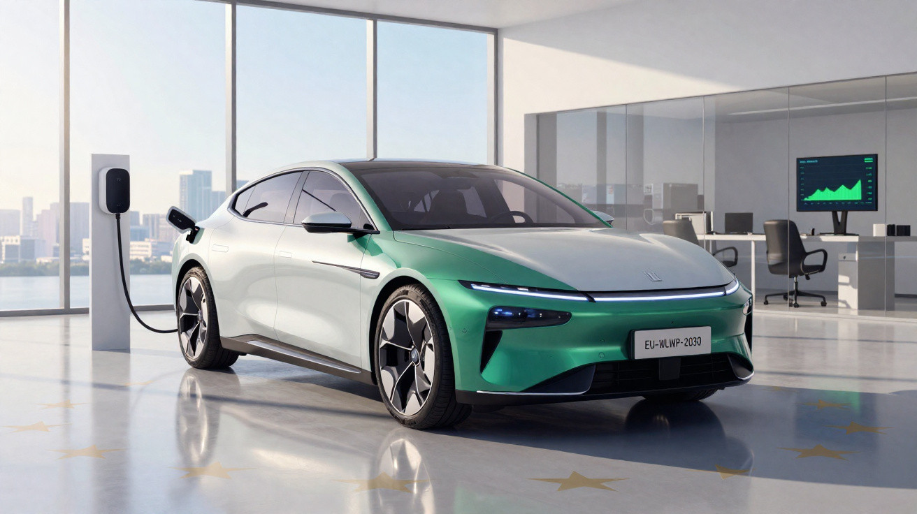Carro elétrico prata e verde conectado a carregador em garagem ampla com vista para cidade e escritório moderno ao fundo.