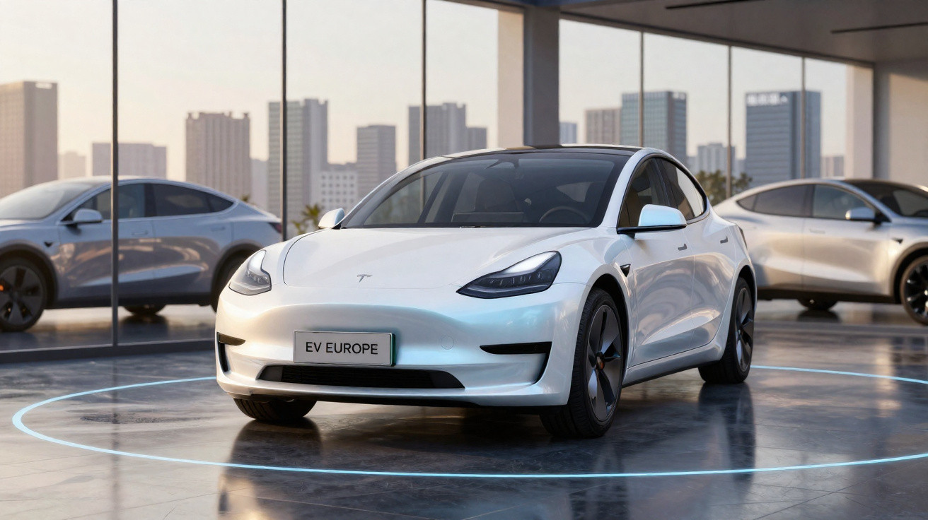 Carro elétrico branco Tesla Model 3 em exposição dentro de showroom com grandes janelas e prédios ao fundo.
