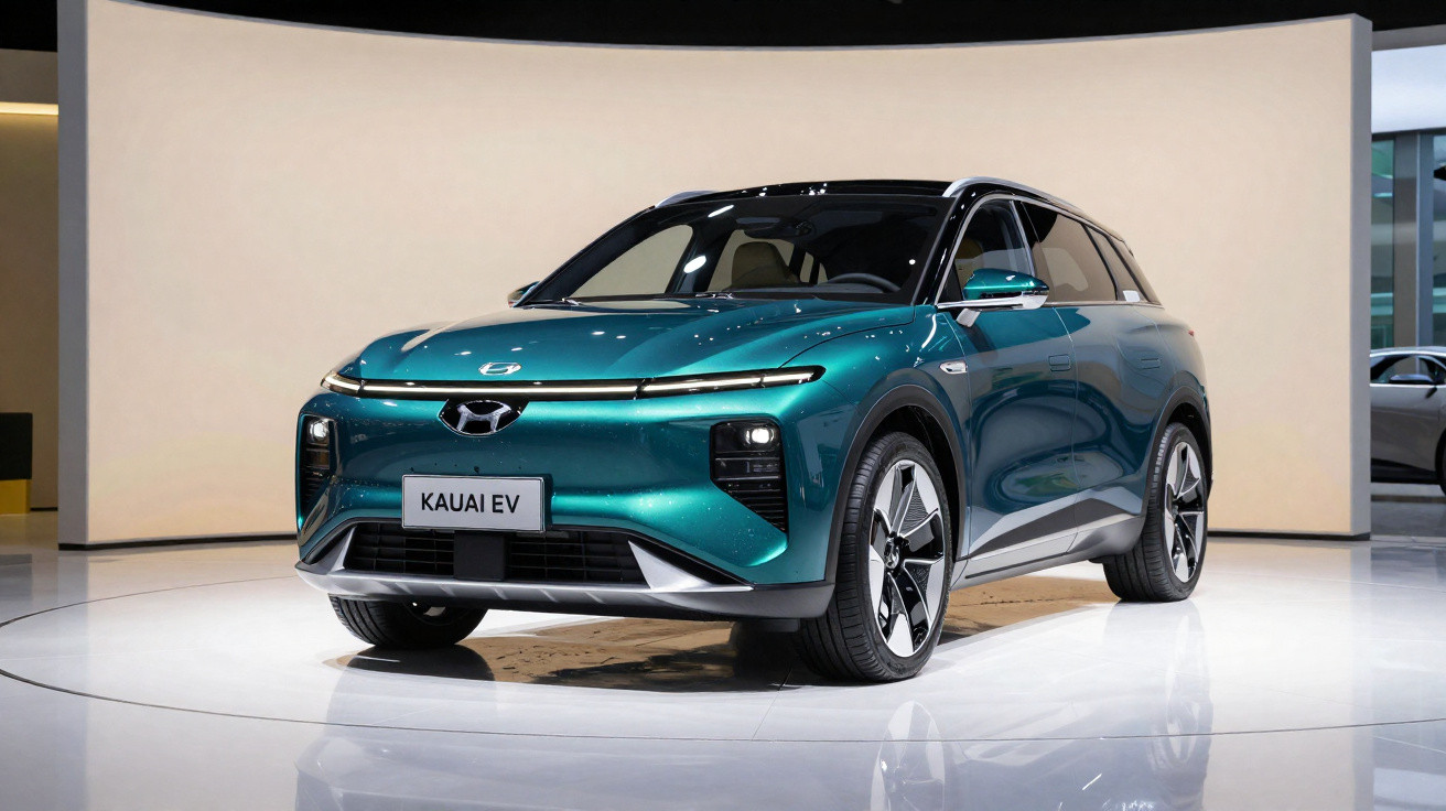 Carro elétrico SUV verde azulado Kia Kauai EV em exposição com fundo neutro e iluminação suave.