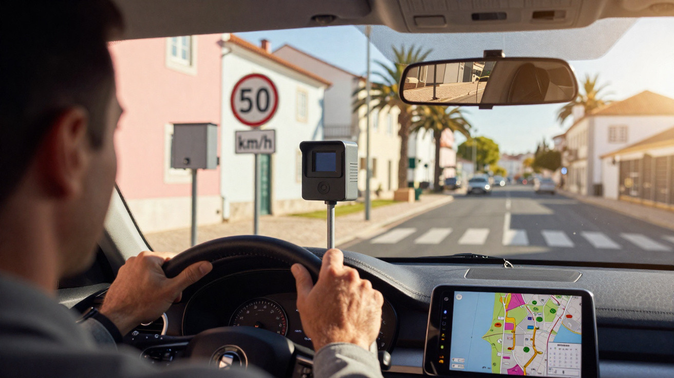 Motorista dirigindo com sinal de limite de velocidade de 50 km/h e GPS visíveis no painel do carro.