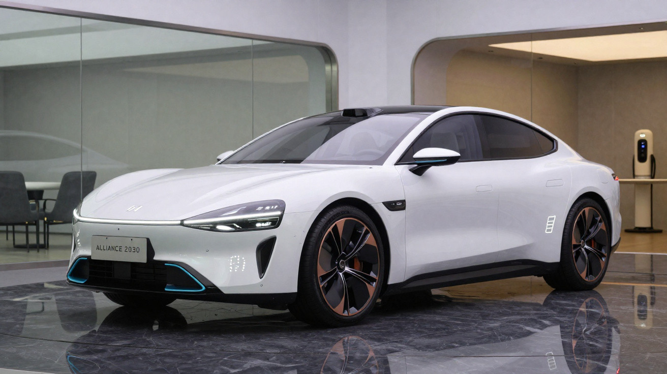 Carro elétrico branco futurista Alliance 2030 em exposição com design aerodinâmico e rodas esportivas.