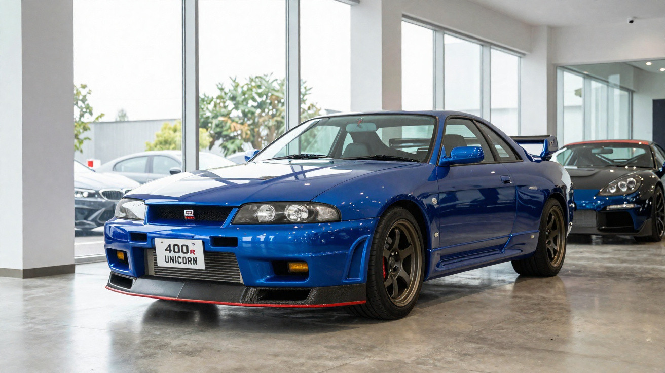 Carro esportivo azul Nissan Skyline GT-R R33 estacionado em showroom com piso brilhante e grandes janelas.