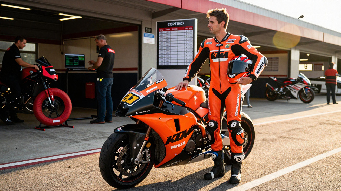 Piloto com macacão laranja apoia capacete e mão em moto KTM laranja em área de box de corrida.
