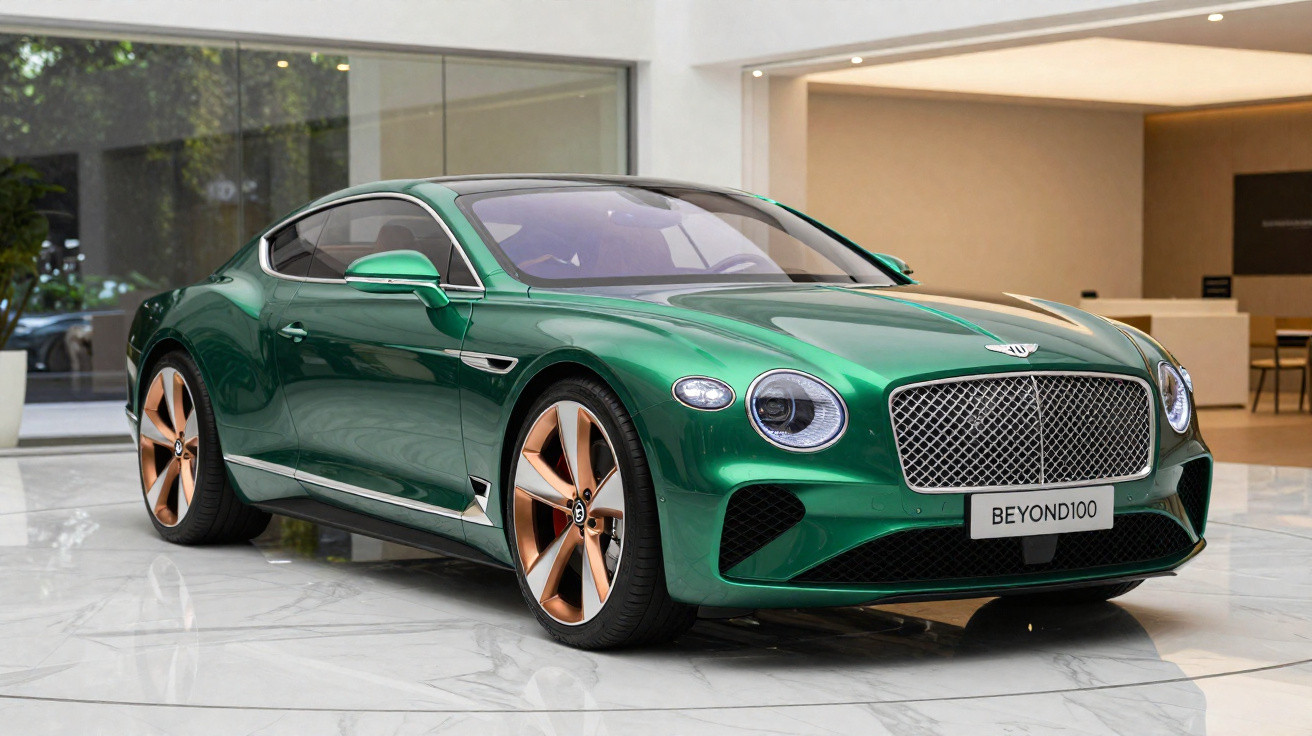 Carro esportivo verde metálico Bentley BEYOND100 em exibição em ambiente interno com piso de mármore.