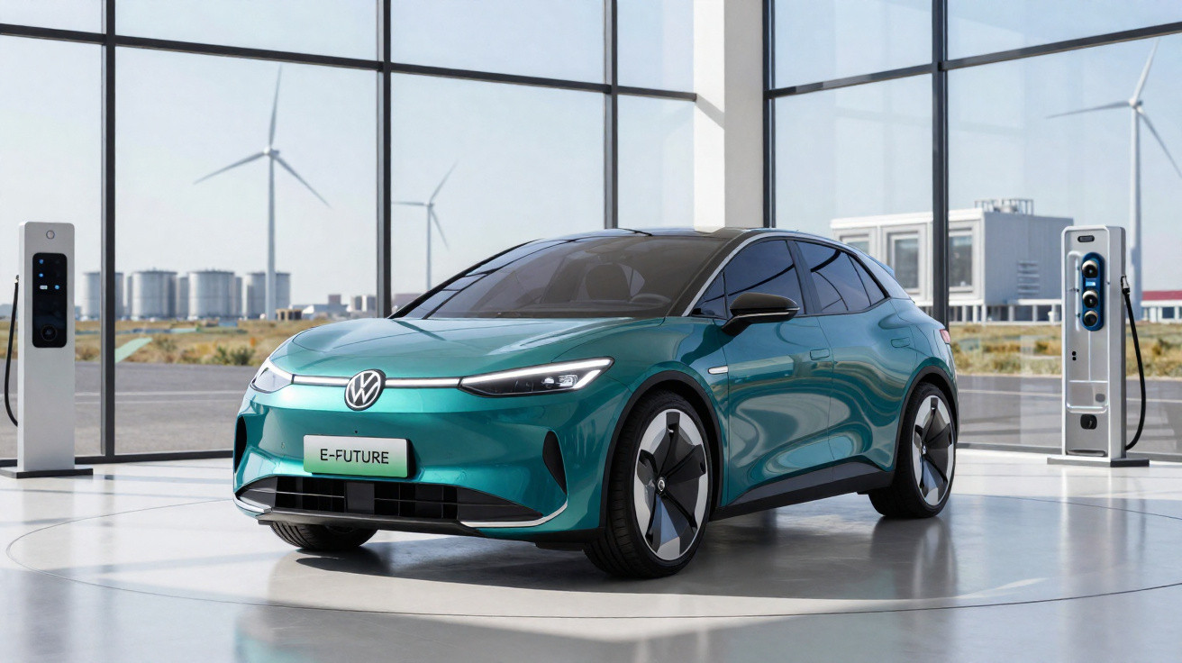 Carro elétrico Volkswagen E-Future azul em showroom moderno com turbinas eólicas ao fundo.