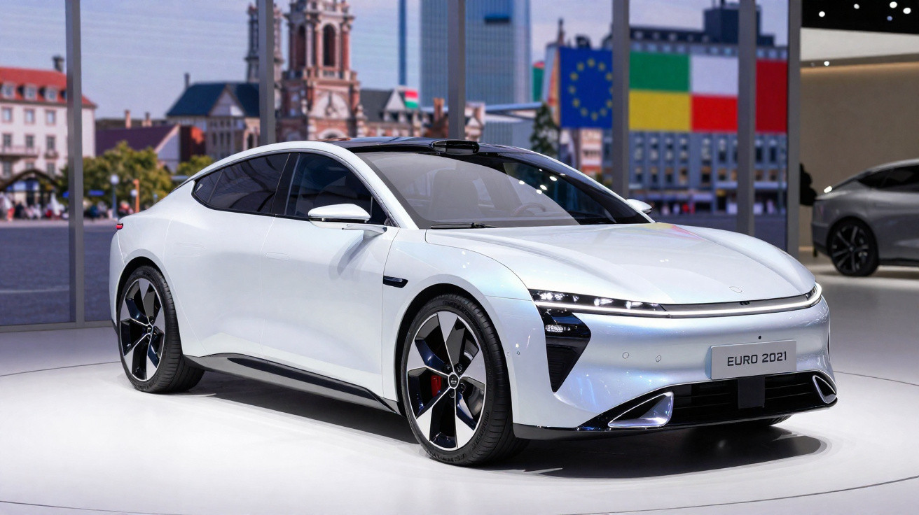 Carro elétrico branco com design futurista exposto em salão automotivo, com prédios ao fundo.