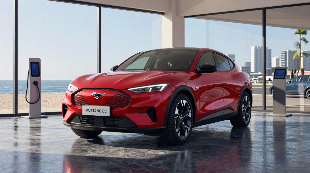 Carro elétrico vermelho Mustang EV em showroom moderno com vista para praia e postes de carregamento.