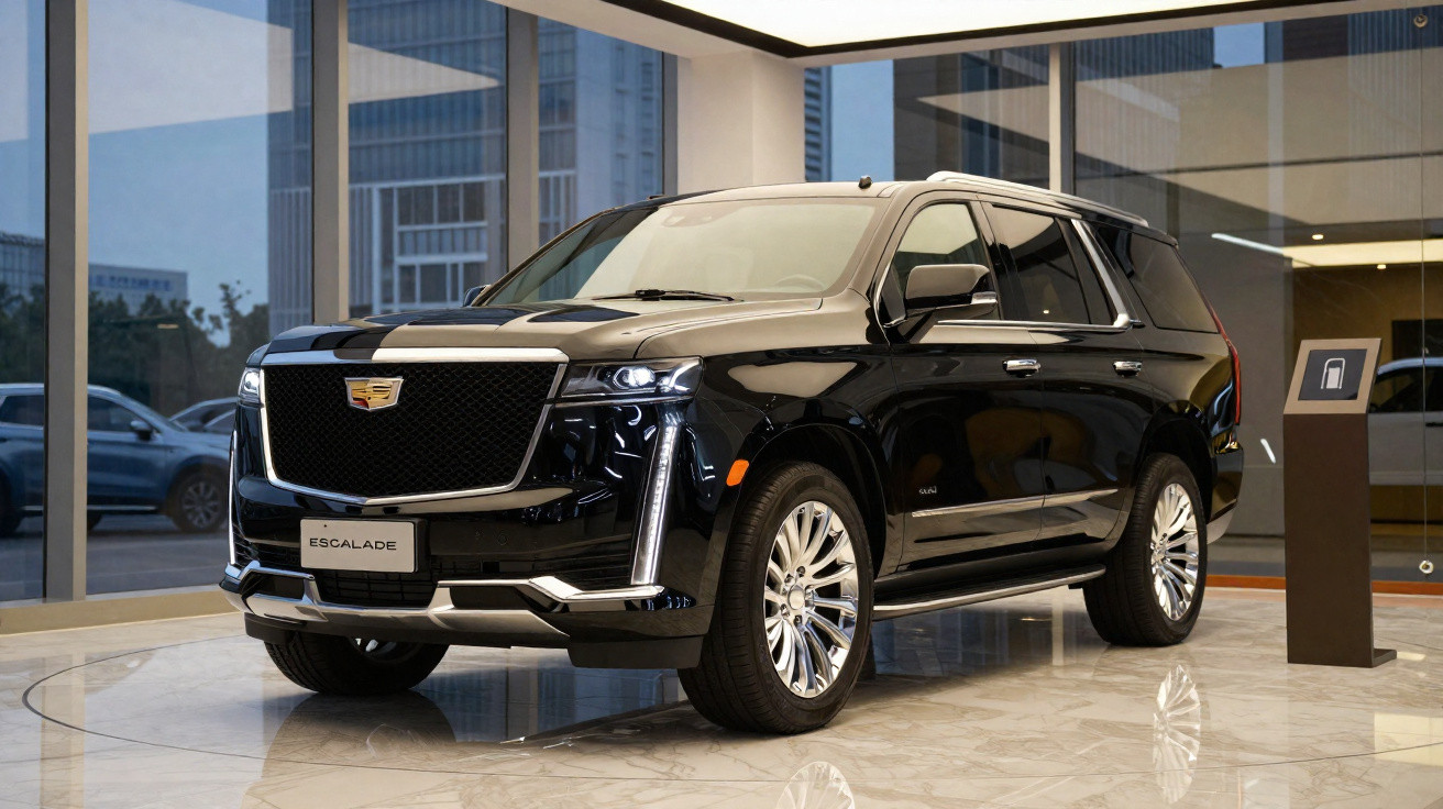 SUV Cadillac Escalade preta em exposição dentro de showroom moderno com piso de mármore.