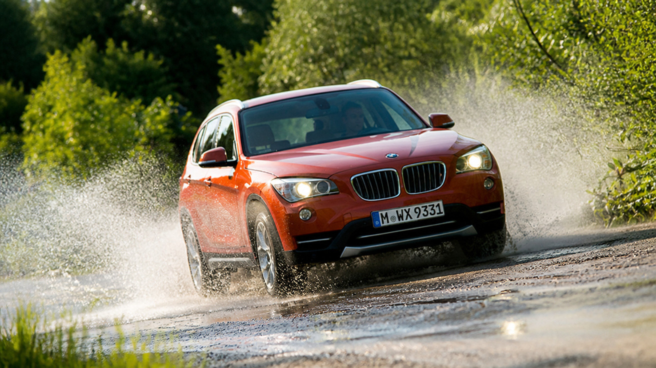 Carro BMW vermelho dirigindo em estrada molhada com água espirrando ao redor em área verde.