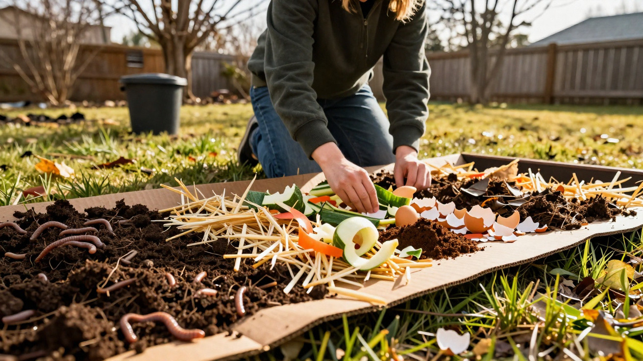 Pessoa ajoelhada preparando compostagem com restos orgânicos e minhocários sobre papelão no jardim.