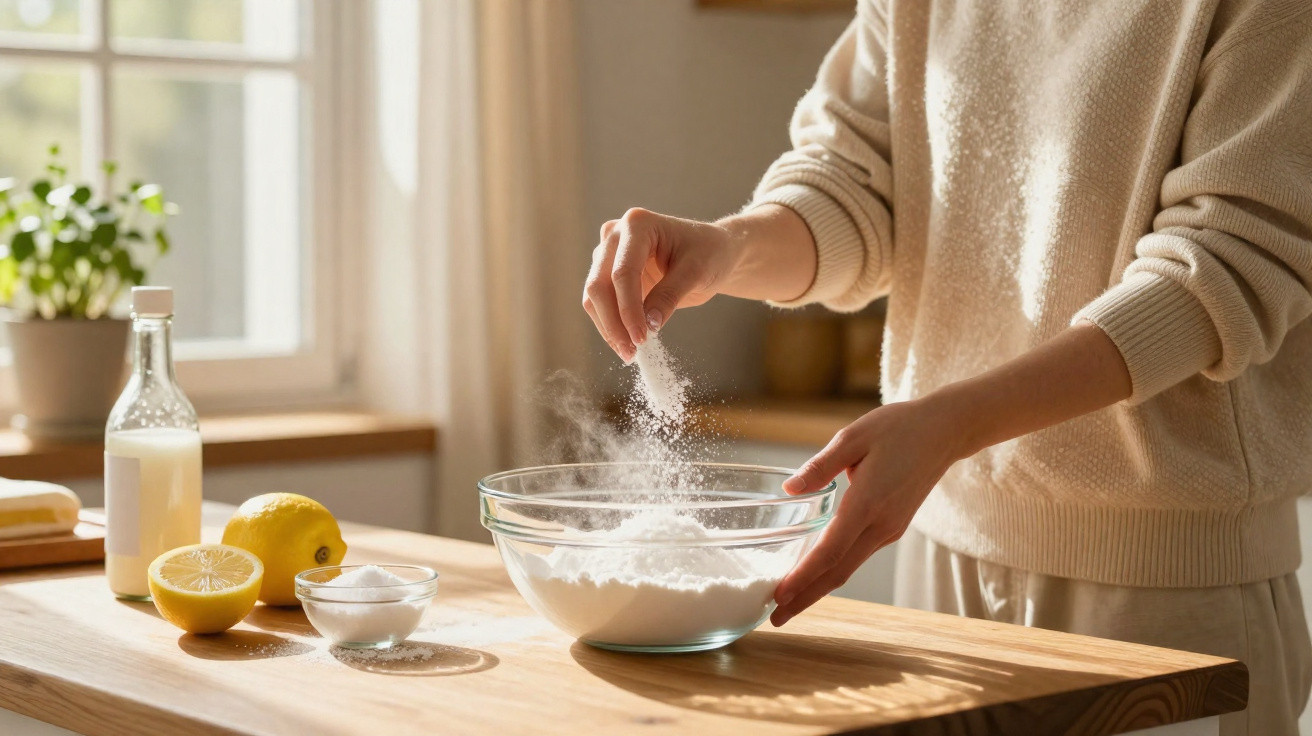 Pessoa adiciona açúcar em tigela com ingredientes para receita na cozinha iluminada pela manhã.