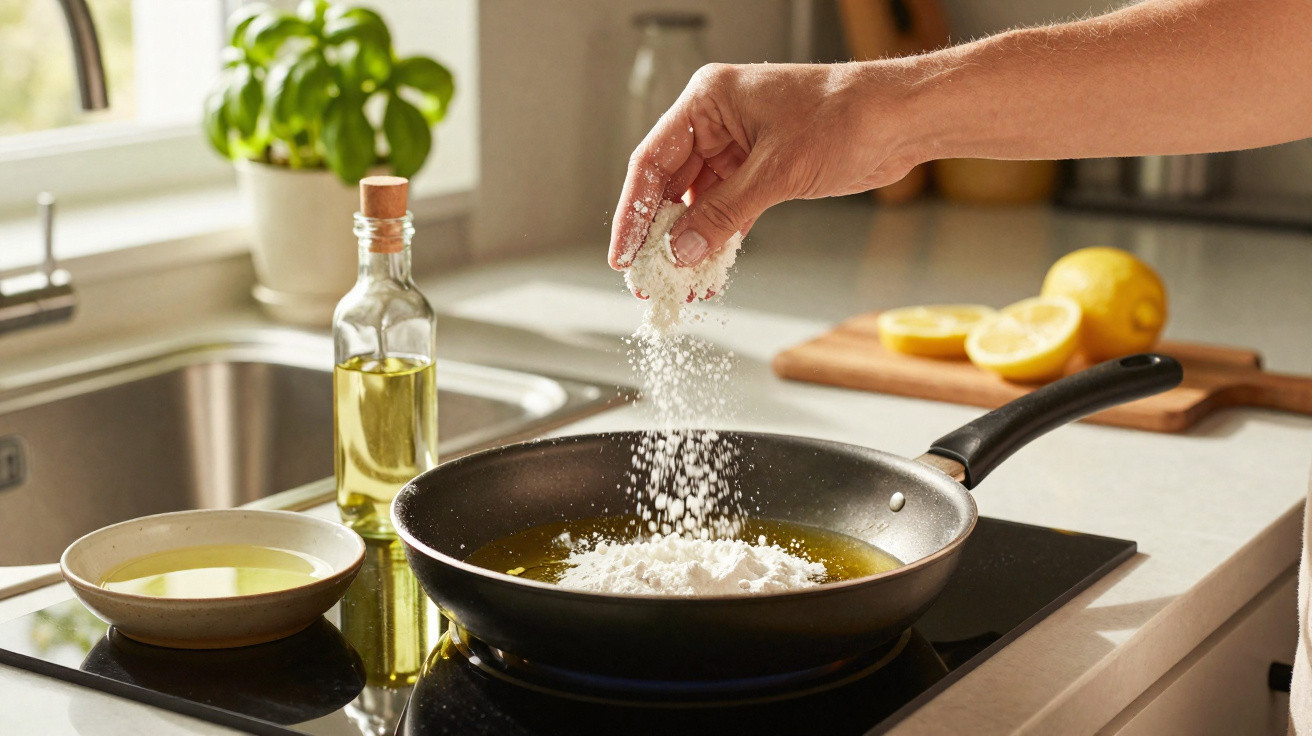 Mão polvilhando farinha em frigideira com óleo, com limões e azeite ao fundo na cozinha.