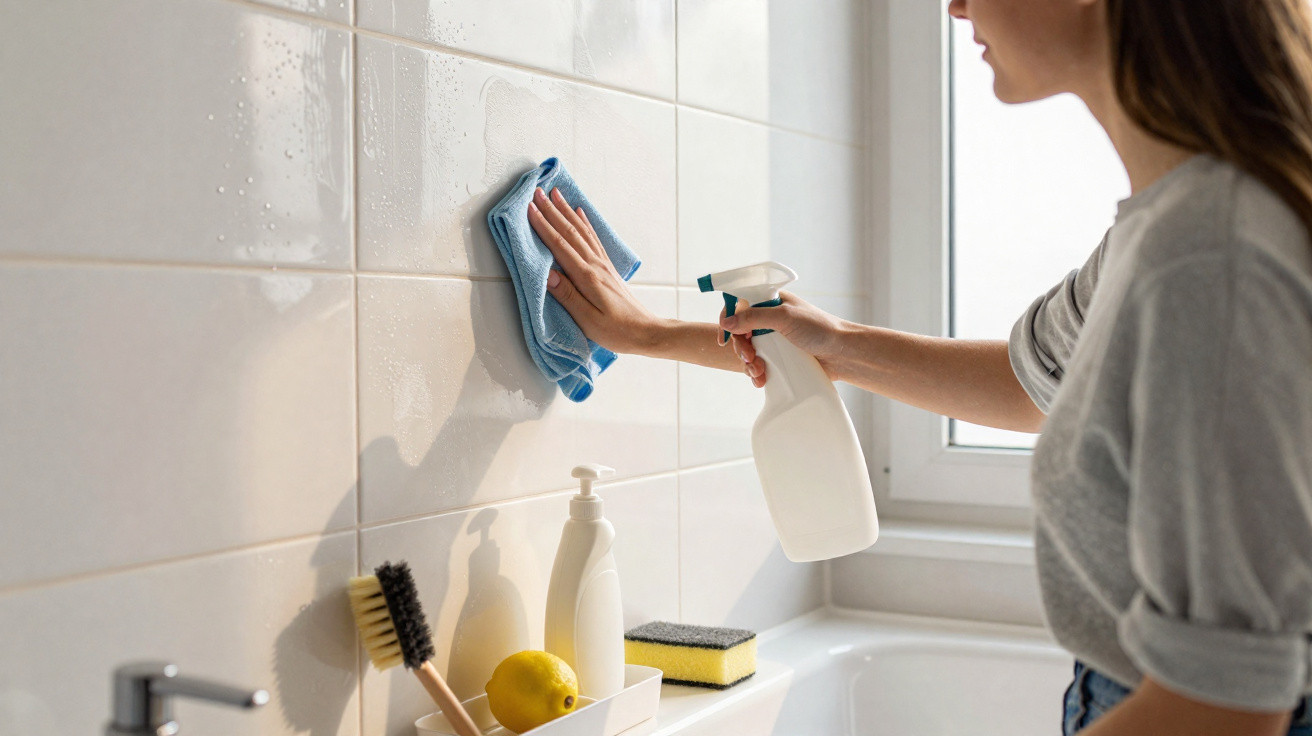 Pessoa limpando azulejos do banheiro com borrifador e pano azul ao lado de pia com utensílios de limpeza.