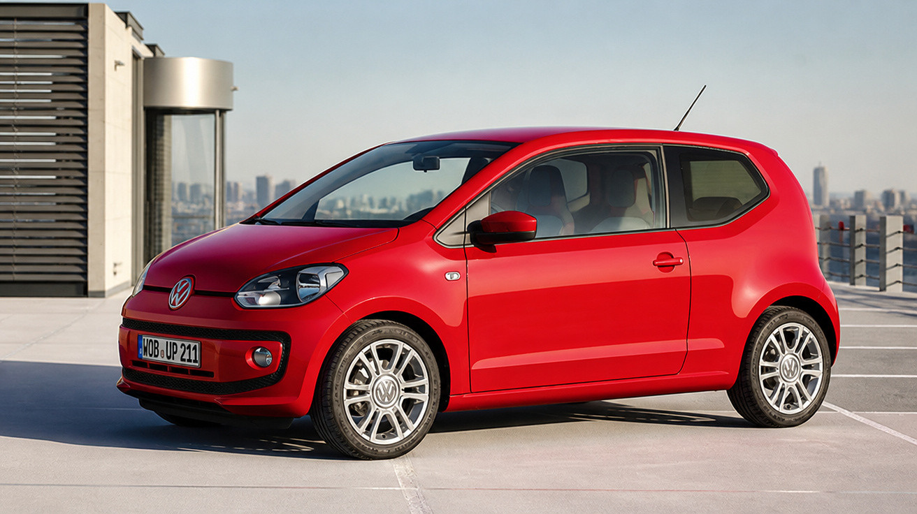 Carro compacto vermelho Volkswagen estacionado em área aberta com prédios ao fundo.