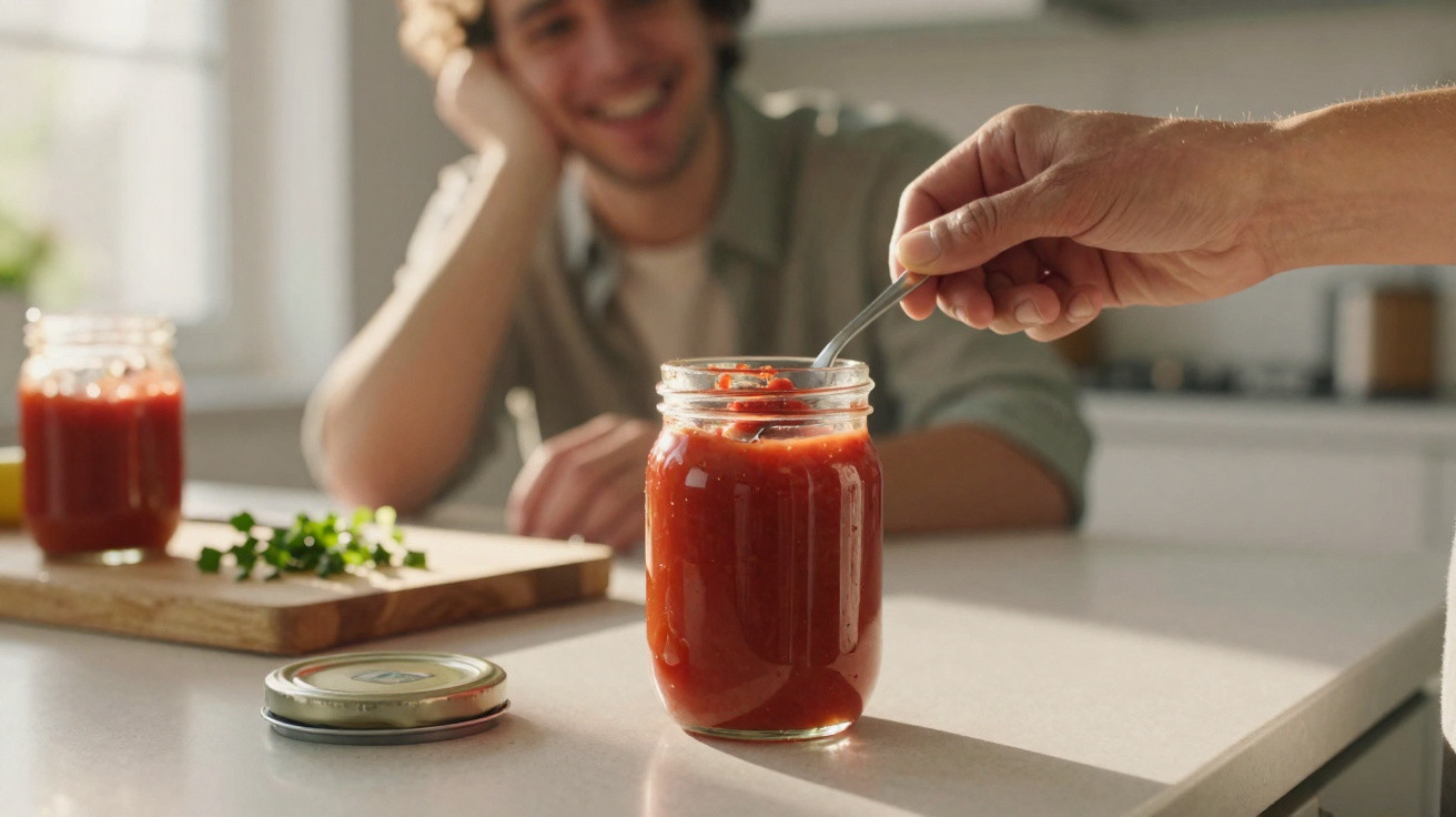 Pessoa mexendo molho de tomate em pote de vidro na cozinha, com homem ao fundo sorrindo.