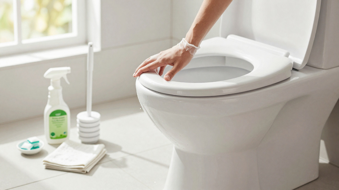 Pessoa fechando tampa de vaso sanitário branco em banheiro com produtos de limpeza ao fundo.