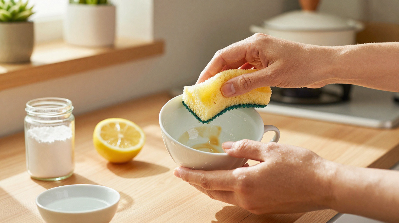 Mãos lavando uma xícara branca com esponja amarela, limão e bicarbonato em cima da bancada da cozinha.
