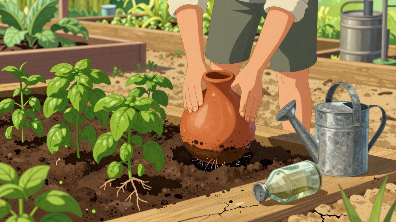 Pessoa plantando pote de barro com raízes em canteiro ao lado de regador e garrafa de vidro.