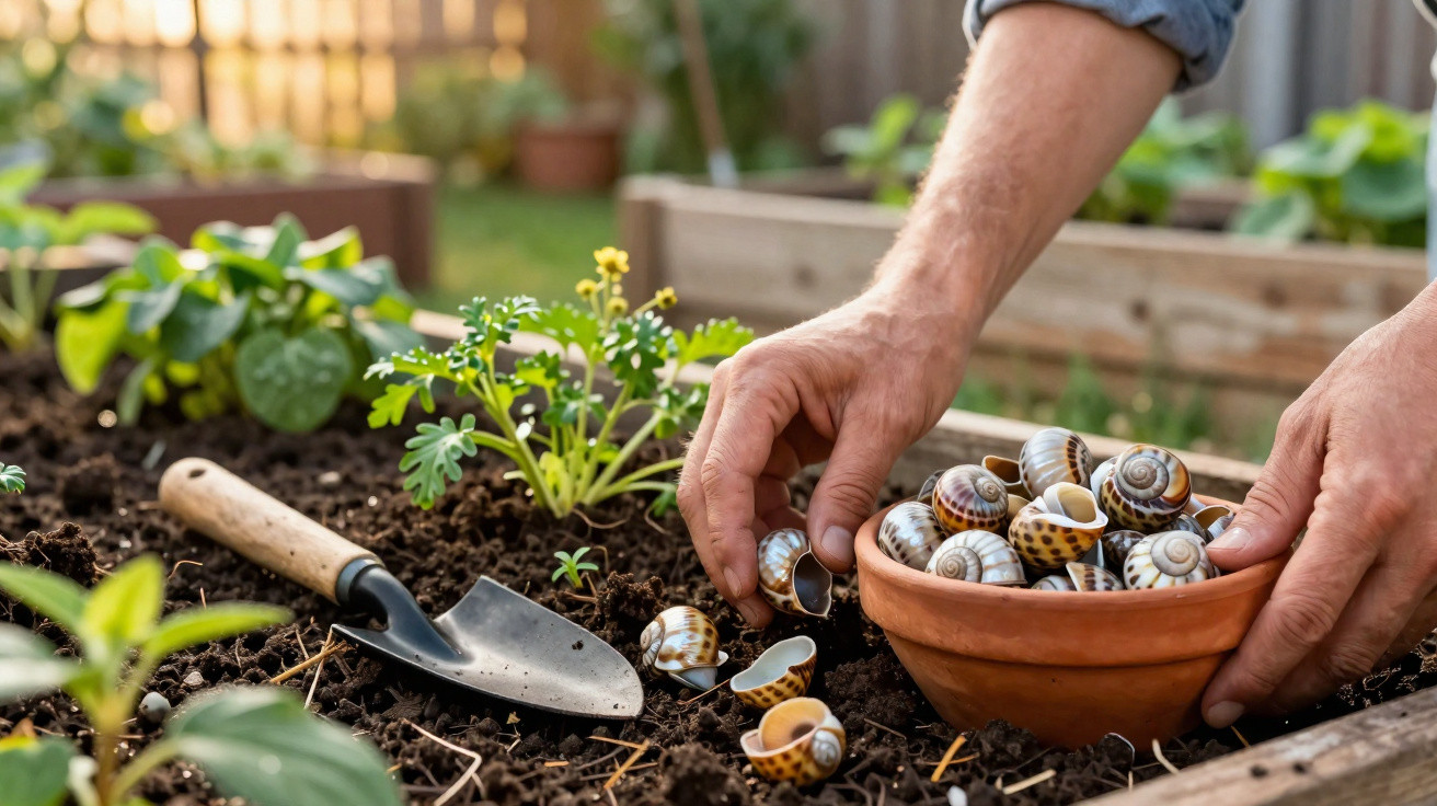 Mãos colocando caracóis em tigela de barro ao lado de pá em canteiro de plantas no jardim.