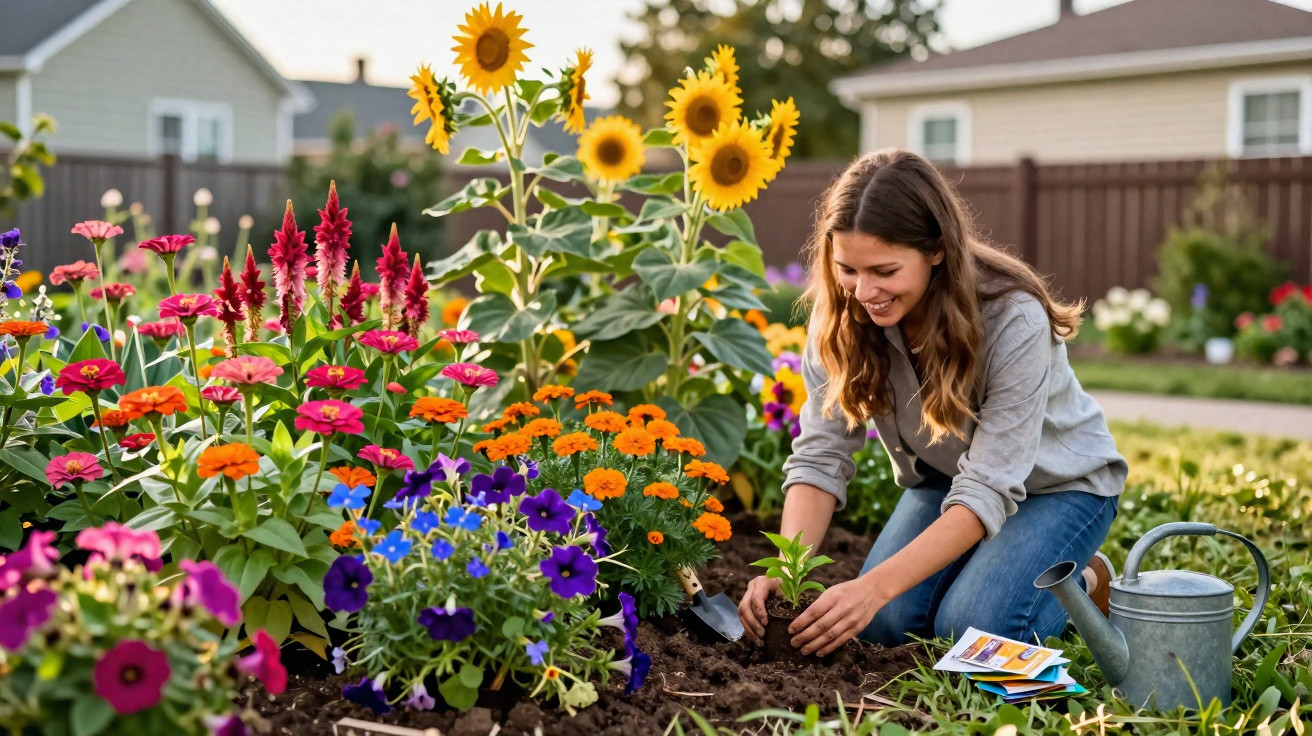 Mulher plantando mudas em jardim colorido com girassóis e regador ao lado em área residencial.