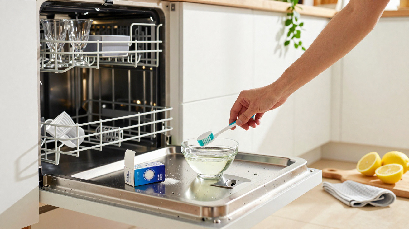 Braço segurando escova de dente e aplicando bicarbonato em tigela perto de lava-louças aberto na cozinha.