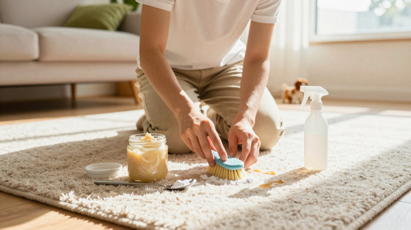 Pessoa limpando mancha amarela em tapete claro usando escova, creme e produto de limpeza em spray.