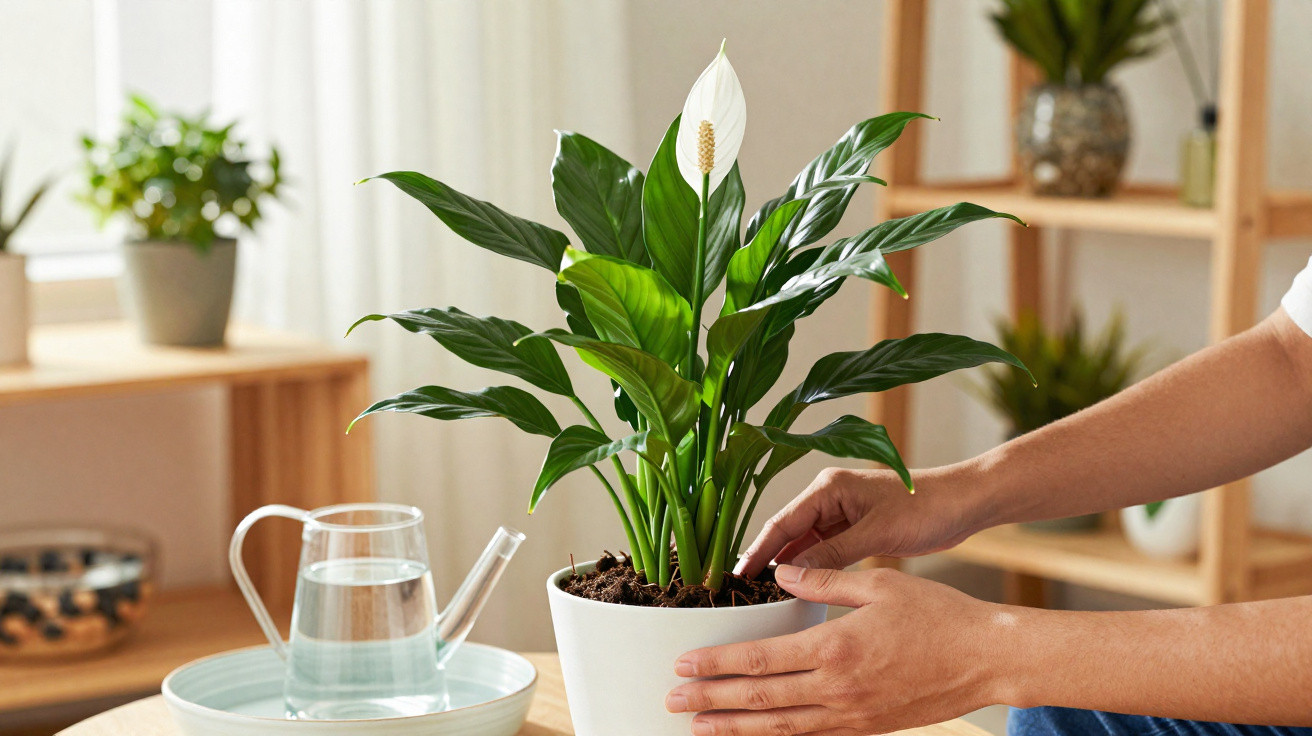 Pessoa cuidando de uma planta espatifilo em vaso branco em ambiente interno iluminado.