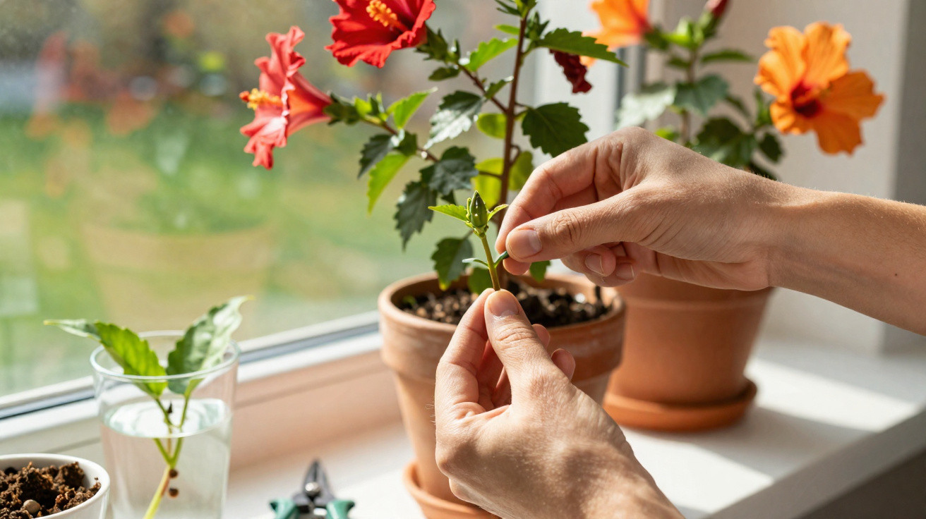 Mãos cuidando de planta florida em vaso na janela, com outras plantas ao redor, em ambiente iluminado.