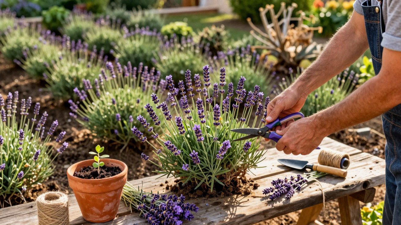Pessoa podando flores de lavanda em jardim, com vaso, ferramentas de jardinagem e corda sobre mesa de madeira.