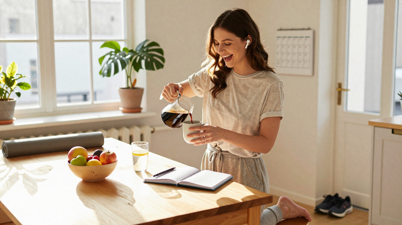 Mulher sorridente servindo café em cozinha iluminada, com frutas, caderno e fones de ouvido sem fio.