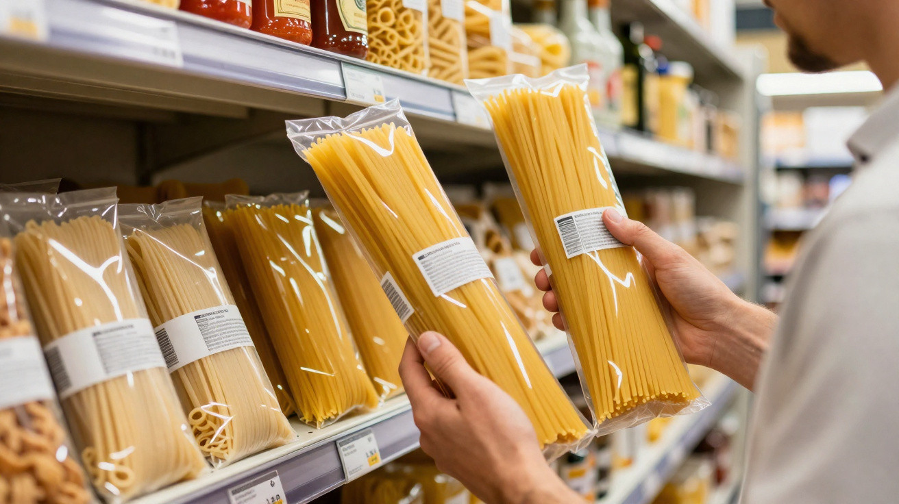 Pessoa segurando pacotes de macarrão espaguete em prateleira de supermercado.