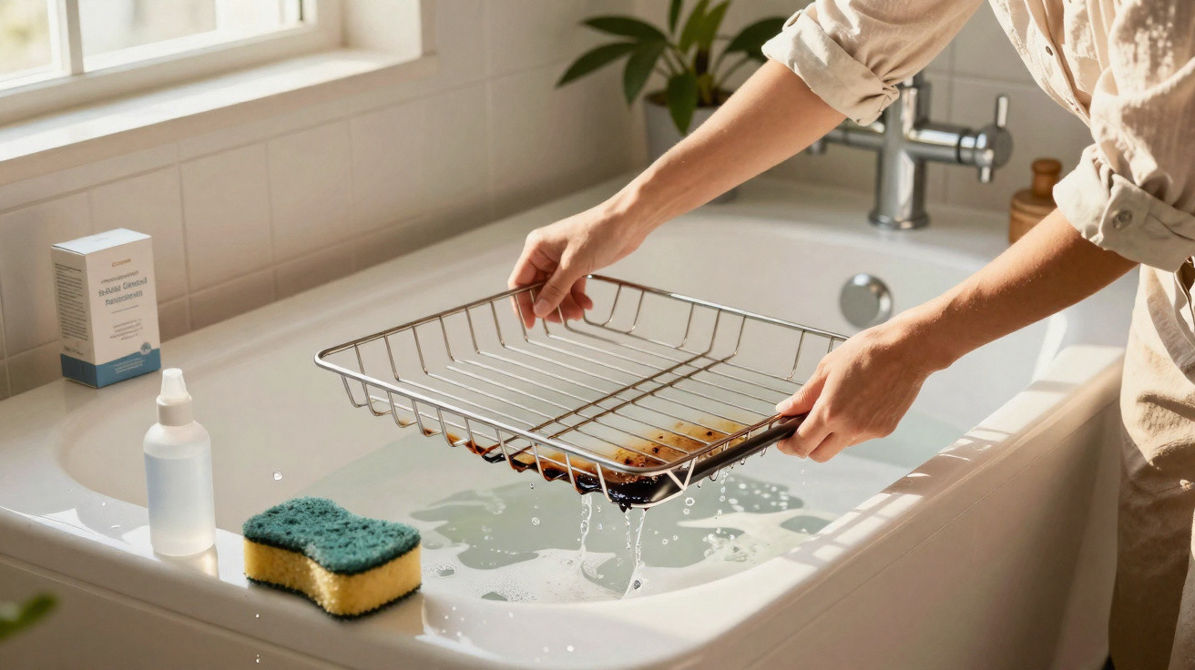 Pessoa lavando grelha metálica sobre banheira com esponja, frasco e produto de limpeza ao lado.