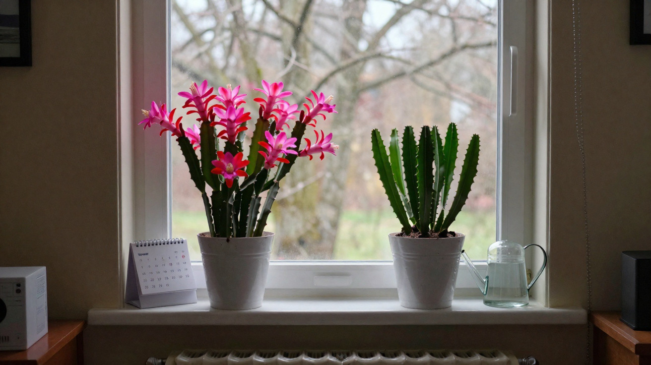 Duas suculentas em vasos brancos na janela, uma com flores rosa e outra apenas com folhas verdes.