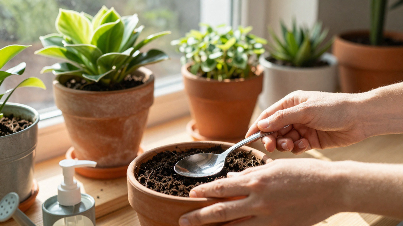 Mãos preparando terra em vaso de cerâmica perto de outras plantas em vasos na janela iluminada pelo sol.