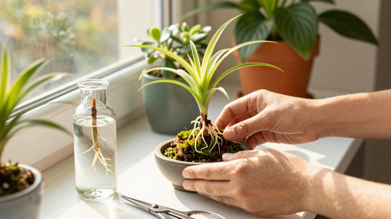 Mãos transplantando muda de planta com raízes expostas em vaso na janela ensolarada com outras plantas.