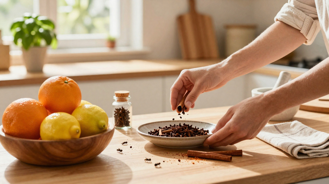 Mãos colocando cravos-da-índia em prato com canela em pau ao lado de frutas cítricas em tigela na cozinha.