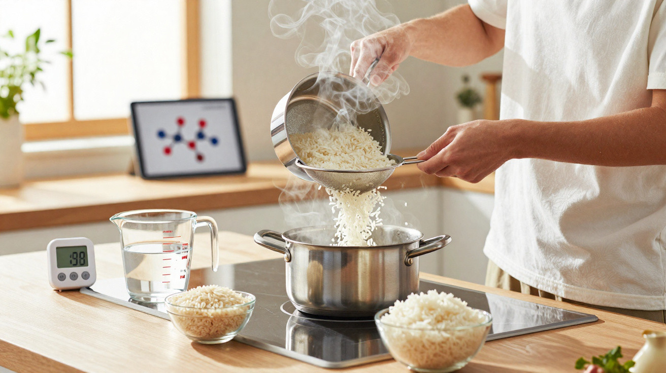 Pessoa escorrendo arroz cozido para panela em cozinha moderna com utensílios e temporizador digital.