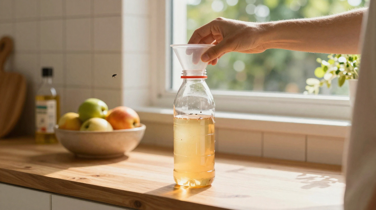 Mão segurando funil sobre garrafa plástica transparente com líquido amarelo em cozinha iluminada.
