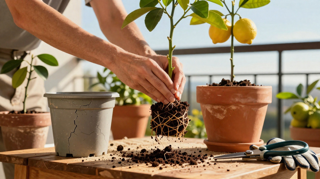 Pessoa transplantando muda de planta cítrica em vaso no jardim com tesoura e luva ao lado.