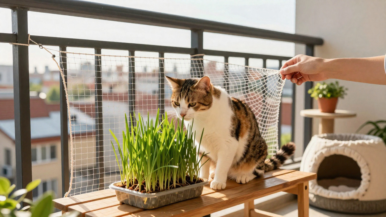 Gato branco e malhado cheira planta em vaso sobre banco na varanda com tela protetora sendo segurada.