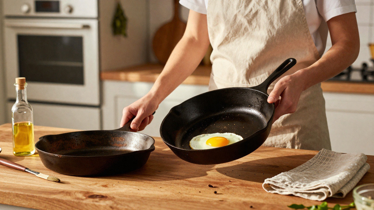 Pessoa segurando frigideira de ferro com ovo frito em cozinha rústica, ao lado de outra frigideira e garrafa de azeite.