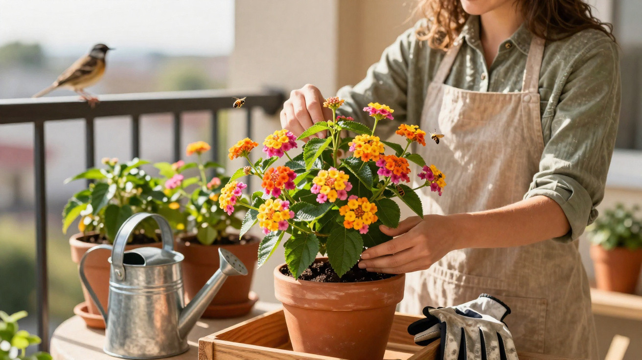Pessoa cuidando de plantas com flores amarelas e rosas em vaso na varanda ensolarada.