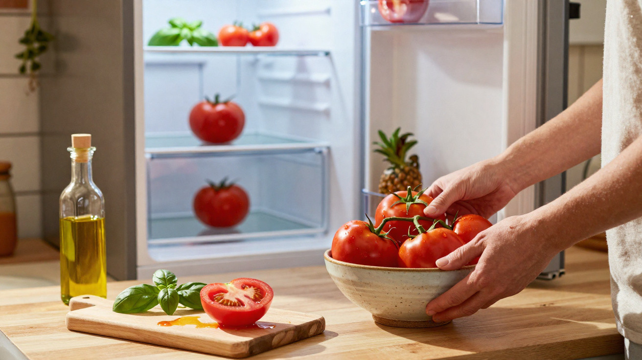 Pessoa colocando tomates em uma tigela na bancada da cozinha com geladeira aberta ao fundo.