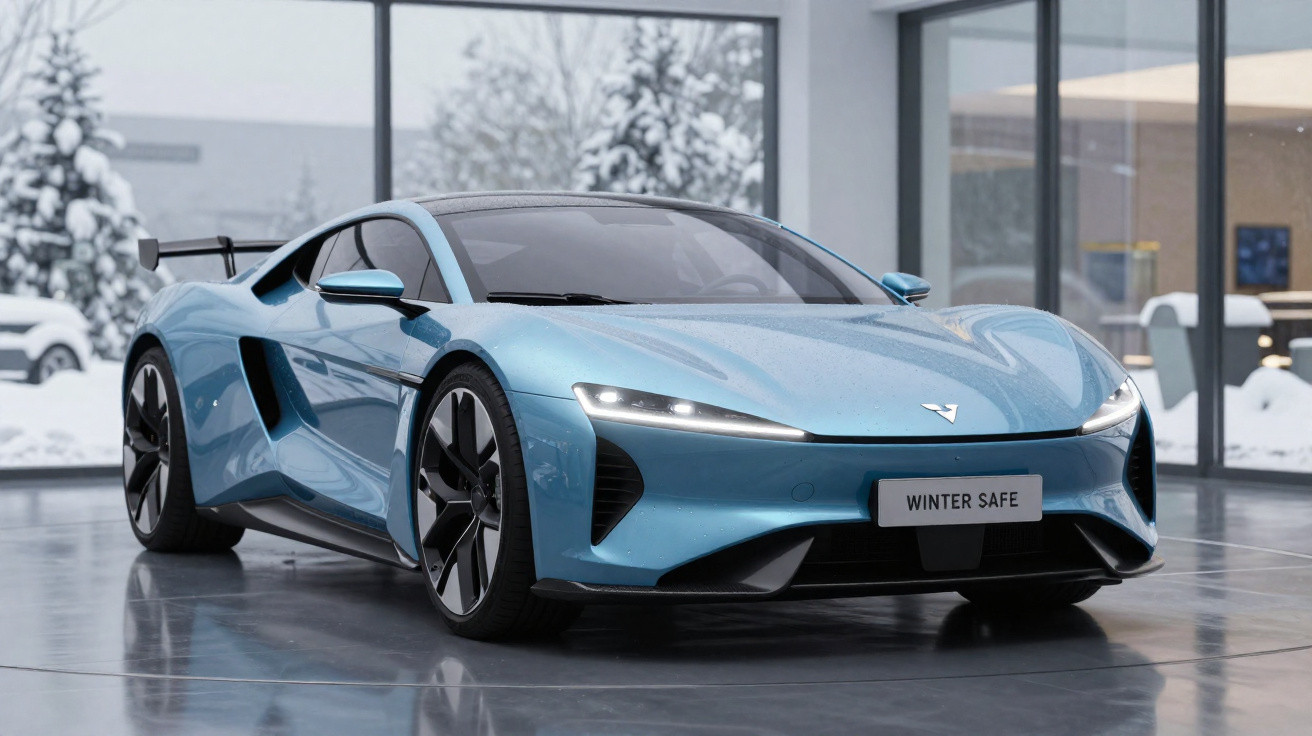 Carro esportivo azul metálico em ambiente interno com neve visível fora das janelas.