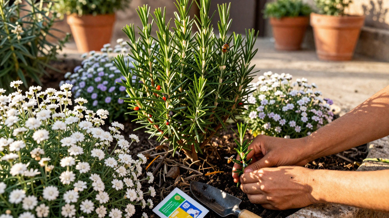 Mãos plantando muda de alecrim em canteiro com flores brancas e roxas, vaso terracota ao fundo.