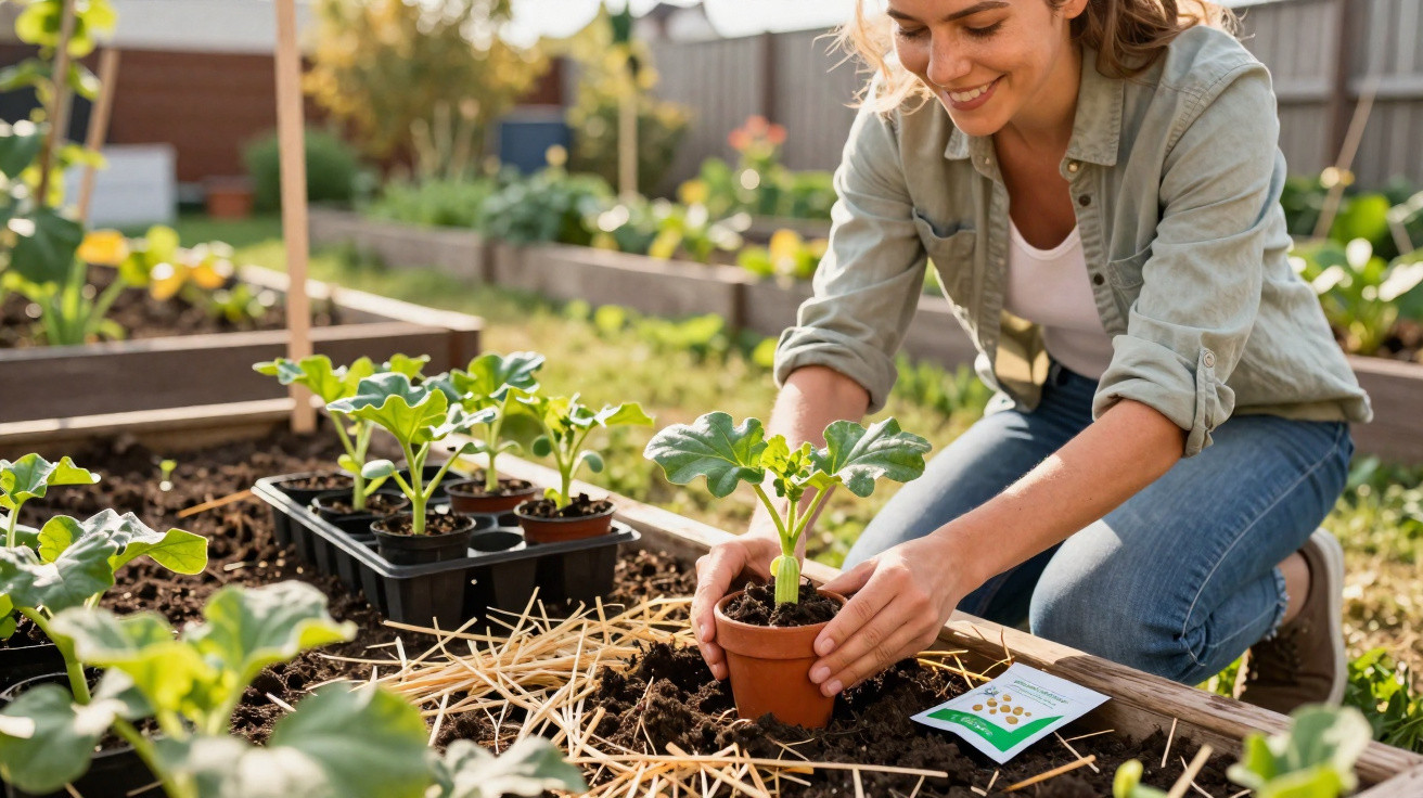 Mulher sorrindo planta muda em vaso no jardim comunitário com canteiros e mudas ao redor.