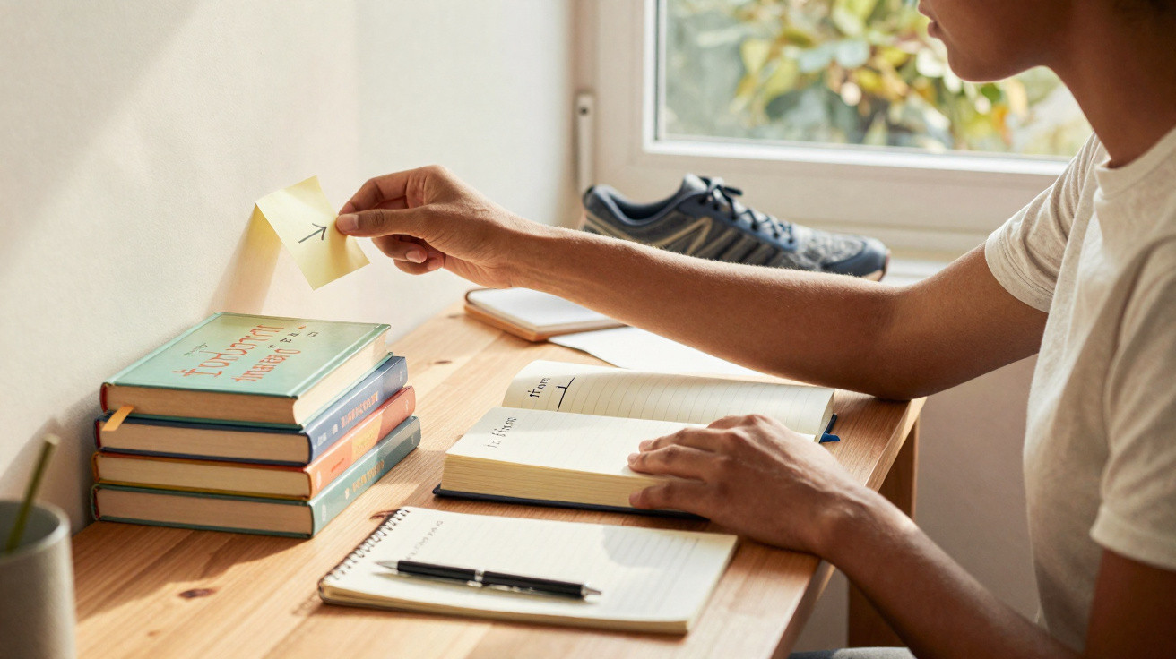 Pessoa sentada à mesa com livros, caderno e post-it, escrevendo e estudando perto da janela.